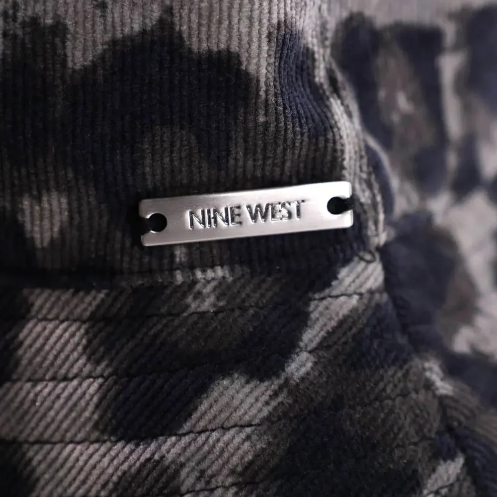 Nine West Animal Print Corduroy Bucket Hat – Black & Grey with Leather Trim–NWT